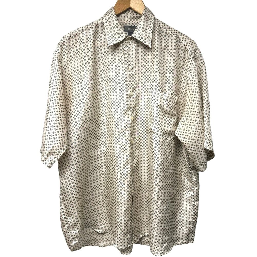 Vintage Bruno Mens 100% Silk Short Sleeve Cream Shirt Size Large Geometric Print